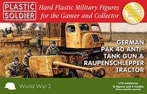 The Plastic Soldier WW2G2005 Kit includes 2 x Pak 40 anti tank guns, 2 x RSO Raupenschlepper tractors (with 2 cab options and optional canvas tilt) and 16 crew figures. There is also the option to build 2 x 40/04 self-propelled guns.