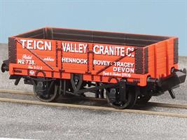 A bright red painted four plank open wagon operated by the Teign Valley Granite company of Bovey-Tracey in Devon.Granite was quarried from the edge of Dartmoor and loaded into railway wagons for transport to customers. The Teign Valley company also operated other quarries around the south west of England.