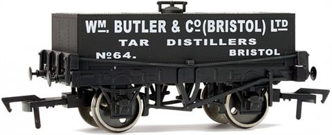 Wm. Butlers' tar tankers are well-known, a photograph of one frequently being used to illustrate the rectangular tank wagon design.These tank wagons were used to collect coal tar, a by-product of coal gas production, for refining to extract more useful petro-chemical products. Butlers' operated works in the cities of Bristol and Gloucester and these tar wagons would have travelled widely across the west of England, West Midlands and Welsh borders to collect raw materials from town gas companies to supply the refining plants.The Butler company originated in the GWR broad gauge era, Mr Butler being appointed by Mr Brunel to run the GWRs' timber treatment plant in Bristol. Later Mr Butler formed his own company, taking over the Bristol works and the company is still operating today as suppliers of industrial oil products like heating oil.