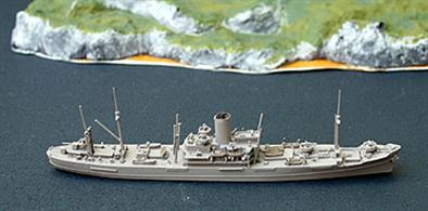 A 1/1250 scale waterline model of Hansa by Neptun number 1027.The model has the monogram "HF" underneath, meaning that it was mastered by Helge Fischer, one of the very best model makers in this scale. Building in Copenhagen for the Glen Line, Hansa never broke out of German waters after being taken over. Known to the Kriegsmarine as HSK5 (II), the first ship so designated having been Pinguin. After being repatriated in 1945 she finally became the Glengarry, the originally intended name.