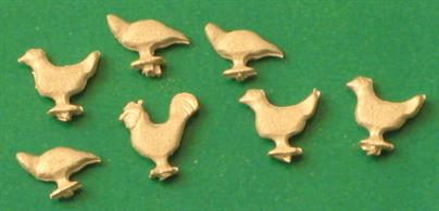 a selection of seven chickens in 4mm scaleÂ&nbsp;cast in whitemetal unpainted.