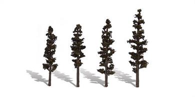 Pack of&nbsp;5 pine trees, height range 4 to 6 inches.Typical scale heightO scale 16 -&nbsp;24 feetOO scale 25&nbsp;-&nbsp;38 feetN scale&nbsp;48 -&nbsp;72 feet