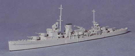 A 1/1250 scale metal model of HMS Ajax in 1939. She differs from her sistership, HMNZS Achilles (also in the battle) in having twin 4"AA gun mountings..