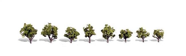 Pack of 8 large shrub / small trees. Height range 3/4 to 1 1/4 in.Typical scale heightO scale 2.5 - 4 feetOO scale 5 - 8 feetN scale 9 - 15 feet