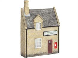 Low relief honey stone village post office and store.