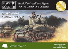 Easy Assembly plastic injection moulded 15mm&nbsp;Allied M4A1 75mm Sherman&nbsp;tank. Five vehicles in the box and each&nbsp;vehicle comes with 2 commander figures - UK or US