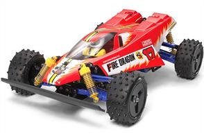 The Fire Dragon was the machine used by the main character of the manga series "Radicon Boy" and was first released as an R/C model back in 1989. Featuring a unique body styling and parts for a driver figure, this colorful buggy is a great way for beginners to get started with this hobby and for veterans of R/C to remind themselves of their childhood years. This updated re-release edition incorporates some updated parts to improve durability.