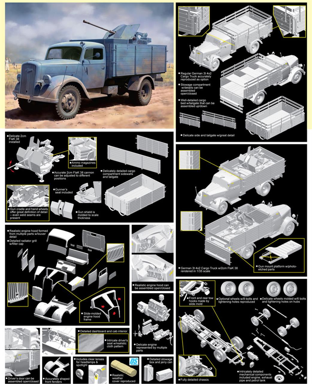 Dragon Models 6828 German WW2 3T 4 x 2 Truck With 2cm Flak Gun Plastic Kit 1/35