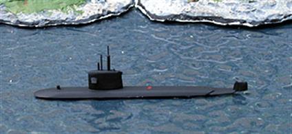 A 1/1250 scale metal model of Rubis, S601, a much admired French diesel-electric submarine.