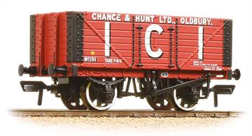 A detailed model of a 7 plank private owner open wagon with fixed ends operated by the Imperial Chemical Industries (ICI) in connection with Chance &amp; Hunt Ltds' chemical works at Oldbury.Era 3. 1923-1947