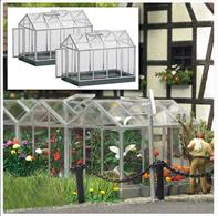 Kit for 2 modern greenhouses with large window panels, an entrance door and opening for fresh air. Tables, flowerpots, a pail and a broom are included. An excellent addition for the fine detailed plants and flowers from Busch. Size (one greenhouse): approx. 40 x 25 mm 31 mm high