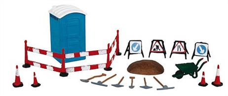 Bachmann OO Building Site Tools and Accessories 36-048Pack of building site or roadworks accessories, including portable toilet, road signs and cones, warning / pedestrian barrier, picks, shovels and wheel barrow.