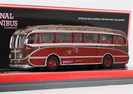 Original Omnibus 1:76 scale model of a Burlingham Seagull coach in the maroon and brown livery of the Neath and Cardiff Luxury Coach company