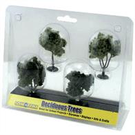 Deciduous Trees Add these four realistic trees to your diorama or display and watch it come to life! These trees range from approximately 2â€-3â€. Modify your trees by bending the branches or adding or removing small amounts of foliage! Made with patented products. 