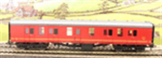 BR design gangwayed luggage and mail van painted in the royal mail red livery to match travelling post office coaches.