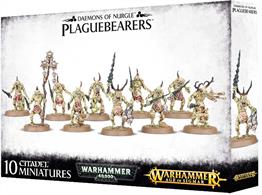 This multi-part plastic kit contains the 74 components, with which to make 10 Plaguebearers of Nurgle. The kit contains enough components to assemble a command group, including a Herald of Nurgle, a musician and a standard bearer. Supplied with 10 Citadel 32mm Round bases.