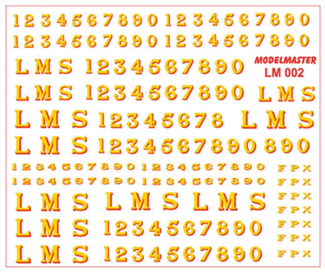 Modelmaster Decals OO LM002 LMS Locomotive Lettering and Numbers Serif Style Yellow Red Shading