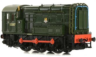 Detailed N gauge model of BR class 08 diesel shunting locomotive 13287, later D3287, finished in British Railways plain green livery with early lion over wheel emblem.Model fitted with DCC controlled sound system.