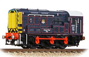 A detailed model of RSS ex-BR class 08 diesel shunting locomotive 08441 featuring outside frames and fly cranks finished in RSS Railway Support Services black livery.