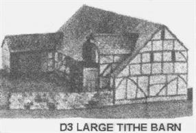 Card model kit to construct large late medival era tithe barn.