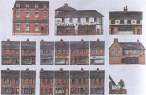 House and shop fronts which can be cut out individually to create a street scene background.Buildings supplied on 4 A4 sized sheets.Typical terraced house width 55mm 2 1/4in, height 100mm/4in to roof ridge.Larger buildings (eg pub) length 130-140mm 5-5 1/2in, height 90-100mm 3 3/4-3 7/8in