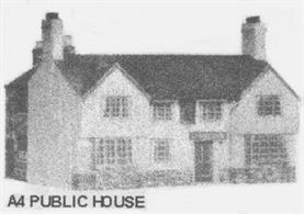 Card model kit to construct a large public house, typical of country and canalside pubs.