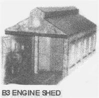 Card model kit to construct a two track engine shed.