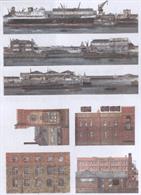 A combined industrial buildings sheet featuring the Townscenes quayside scenes and a set of four stand-alone factory buildings.The quayside sset comprises three background sections featuring ships alongside a wharves, complete with background dockyard structures, cranes and transit sheds. these can be used as backscenes for a line passing alongside a river or dock, or the foreground water area can be covered, leaving the ship superstructures visible to provide a distant port background.The industrial buildings are one of the most useful sets in the Townscenes range, the stone and brick built factory or mill structures can be used to provide variations in a town or city centre backscene. Once cut out the individual buildings can be positioned into a larger scene.Careful arrangement of background buildings, eg. using large foreground structures to partially obscure smaller buildings and appear to be 'in front' of them, can provide an increased appearance of depth within a scene, a technique known as forced perspective.