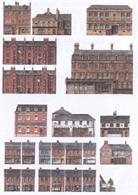 A sheet of over 20 individual buildings seen in town centres. Selection includes small shops and houses, housing blocks, businesses a post office and a large hotel with public bar.These buildings have been designed to be cut out of this sheet to make alterations to town backgrounds, or assemble a unique town centre scene.