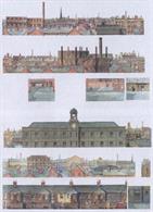 A sheet with several sections providing views over a town. These are mostly background scenes, viewed over foreground rooftops, suggesting a railway entering the town on an embankment, with the town seen stretching into the distance.