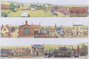A sheet of 3 village scenes including the village cricket club.3 sections supplied on an A2 size sheet. Each scene approx 595mm 23 1/2in, total length just under  1.8m 72in. Scene heights around 100mm 4in to countryside skyline (varies).