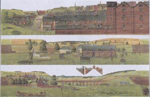 A sheet of 3 countryside and scenes including two farm scenes and a town edge scene.3 sections supplied on an A2 size sheet. Each scene approx 600mm 24in, total length just under  1.8m 72in. Scene heights around 100mm 4in to countryside skyline (varies). Buildings at right hand end approx 140mm 5 1/2in to roof ridge.