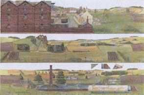 A sheet of 3 countryside and scenes including one featuring a low paint factory, one with a distant ruined castle and a town edge scene.3 sections supplied on an A2 size sheet. Each scene approx 595mm 23 1/2in, total length just under  1.8m 72in. Scene heights around 100mm 4in to countryside skyline (varies). Buildings at left hand end 140mm 5 1/2in to roof ridge.