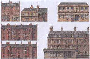 A sheet of over 6 individual town centre buildings, including shops, houses and a post office building and a large hotel with public bar.Simply cut out the individual buildings and position them against your backdrop to make a unique town scene.Supplied on 4 A4 size sheets.Typical building sizes - Post Office (top right) &amp; tennement block (bottom left) length 195mm 7 3/4in, height 120-130mm 5-5 1/4in