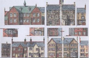 Divided into A4 sized sheets this set of buildings includes a large school building, which can also be used as an alternative civic structure, such as a library or back of a town hall. The remaining sheets contain victorian house backs for foreground use and house fronts at a slightly amller scale, ideal for suggesting houses on the opposite side of a street, visble through alleyways between nearer houses.Total length of buildings approx 1250mm 49in.Achool building length 260mm 10 1/4in, height 130mm 5 1/4in to roof ridge. Large stone houses (2 fronts, 2 back) width 85mm 3 1/2in, height 145mm 5 3/4in to roof ridge.