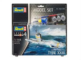 Revell 1/144 Type XXIII U Boat Submarine Model Set 65140Length 242mm Number of Parts 23Comes with glue and paints to assemble and complete the model.