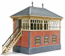 A well designed model kit to build a model of a brick-built GWR signal box. This was a standard GWR design and a huge number were built all over the system. Despite rationalisation over the years there are still many to be seen today, with a number still in operation on heritage railways. The model is based on the medium sized box at Buckfastleigh on the South Devon Railway, a quite small country station with loops and goods sidings.This model will be perfect for a country stations and branchline junctions, but can easily be altered. The GWR built these signal boxes on a modular basis, so the kit can easily be shortened (by removing the central window unit and one of the adjacent frame uprights) to create a box for a small station. Similarly kits can be combined and/or used with some embossed plastic sheet to add window frame units to recreate a large box suitable for a mainline station.Features include the finely moulded GWR signal box window frames, steps and typical GWR-style slate roof. Moulded in the correct colours, painting is optional but good results can be obtained by carefully painting, especially as the GWR often used engineers blue bricks for corners and foundation courses. Running a wash of cream/grey paint over the wall then wiping off the brick surfaces to leave the lighter colour in the grooves also nicely recreates the appearance of the mortar between the bricks.