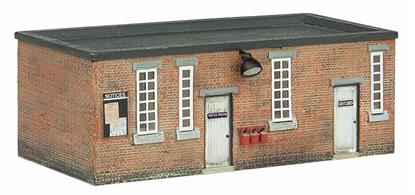 Painted resin cast model of a brick built railway depot staff mess room and toilet building.