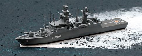 A 1/1250 scale metal, waterline model of Braunschweig, a class 130 corvette of the German Navy. The model is fully assembled and painted.