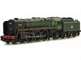 Detailed N gauge model of British Railways Britannia class 7MT 4-6-2 pacific locomotive 70050 Firth of Clyde finished in BR lined green livery with early lion over wheel emblems.