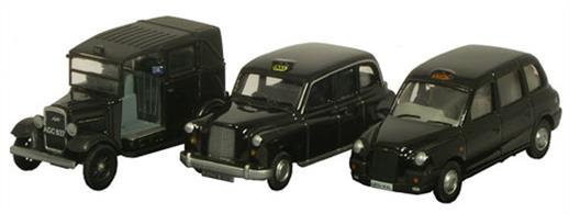 Oxford Diecast 1/76 Triple Taxi Set 76SET09Set of 3 London Taxi cabs from the 1930s to the present day.Set includes the Austin taxi of the 1930s, FX4 of the 1960s and recent TX1.
