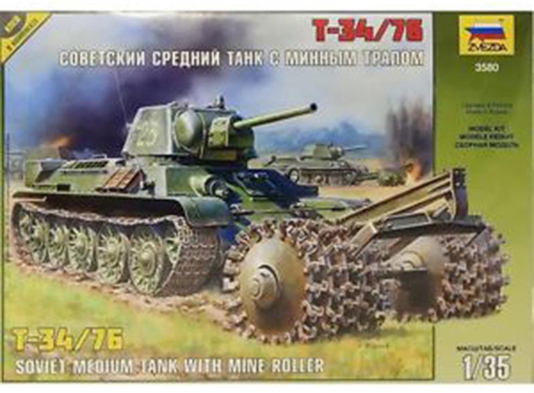 Zvezda 1/35 3580 Soviet T-34/76 Tank with Mine Roller Kit