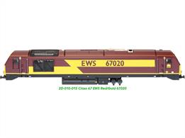 Detailed N gauge model of EWS class 67 locomotive 67020 finished in the original EWS maroon and gold lightning stripe livery.
