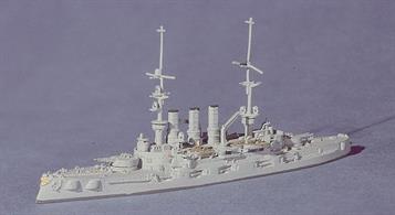 A 1/1250 scale metal model of Deutschand in 1906 by Navis Neptun 10N.At Jutland, the High Seas Fleet referred to this class as "The Five Minute Ships" because that is how long they were expected to last in battle! Indeed, "Pommern" exploded during the night action with destroyers after being hit by a single torpedo.Overall length of model is 10.3cm