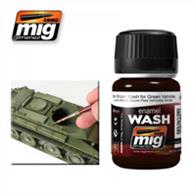MIG Productions 1005 Enamel Weathering Wash - Green VehiclesEnamel Weathering Wash 35ml JarDark brown wash perfect for dark coloured vehicles
