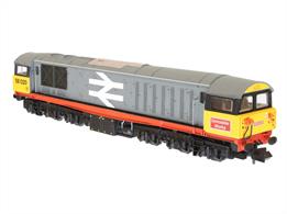 The British Rail Class 58 is a class of Co-Co diesel locomotive designed for heavy freight service. The narrow body with cabs at either end led to them being given the nickname 'Bone' by rail enthusiasts. They were used primarily on merry-go-round coal trains but could also be found hauling regular freight trains and occasional passenger service.Model of BR Railfreight locomotive 58020 finished in a revised Railfreight red solebar livery with cab front logos added.