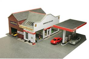 Metcalfe PO281 Country Garage and Petrol Station Card kit, this kit includes a main workshop building complete with sales office and car showroom, plus a canopied island with three petrol pumps.