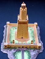 The model is based on an engraving often seen in books up to the 1960s of this enormous light tower, one of the 7 wonders of the ancient world. The lighthouse collapsed in an earthquake in c13th but the dimensions and descriptions were recorded whilst it was still standing.