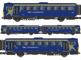A detailed model of the BR class 142 2-car Pacer railbus trains with detailed bodyshells, flush glazing and a close-coupling corridor mechanism. Built in the mid-1980s as a temporary replacement for 1950s DMUs using body panels based on the Leyland National bus the class 142 units were finally withdrawn from service in 2021. The Dapol models  feature detailed bodyshells with flush glazing and close coupling between cars. Fitted with directional lighting and sockets for a Next 18 DCC decoder.Model finished as unit 142070 in First Great Western blue livery.