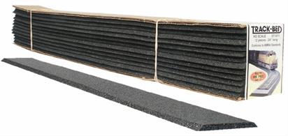 There are 12 Strips in this Track-Bed Bulk Pack. These strips are the perfect roadbed for especially tight track applications. The strips are 5mm x 1 3/4" x 24". Track-Bed requires no pre-soaking like cork does: it remains flexible and won't dry out or become brittle! It aligns well with cork or Homasote applications. Install Track-Bed with Foam Tack Glue (ST1444). Pin in place with Foam Nails (ST1432). 